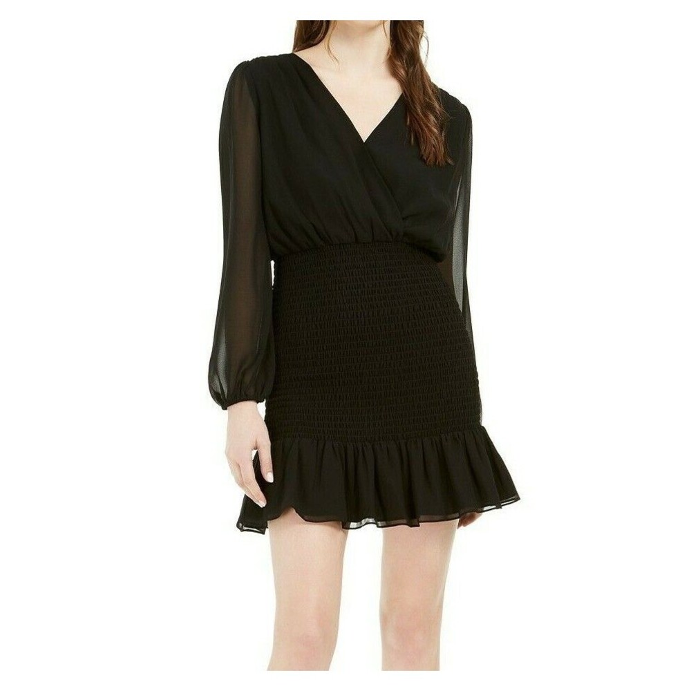 LEYDEN Mini Dress  Womens XS Smocked Tie Back Surplice V-Neck Party New